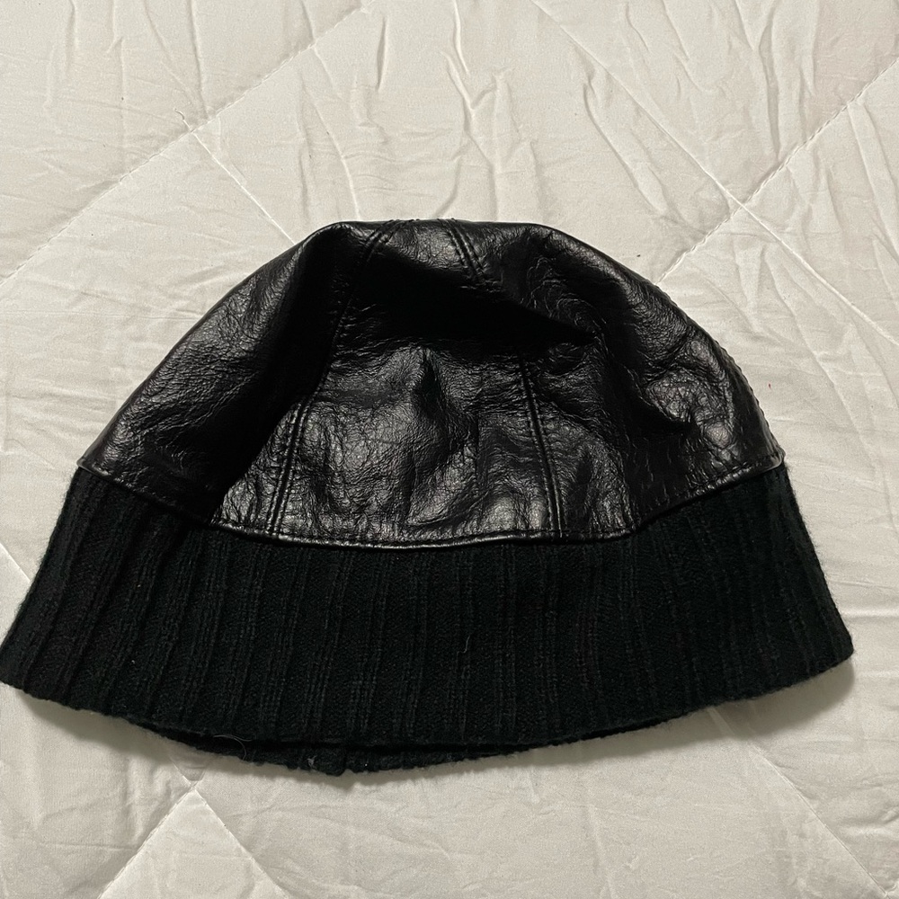 Black Leather and Knit Beanie